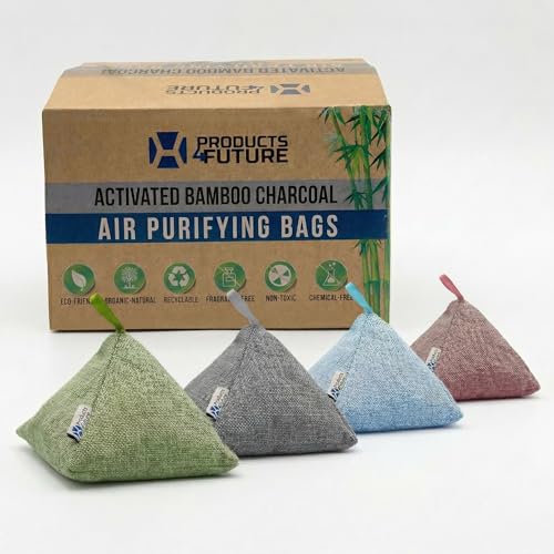 4 pack Naturally Activated Bamboo Charcoal Air Purifying Bags | Natural Home Deodorizer Bag | Charcoal Bag Odor Absorber For Pets | Odor Eliminator & Moisture Absorber Air Freshener Bag (200g Pyramid)