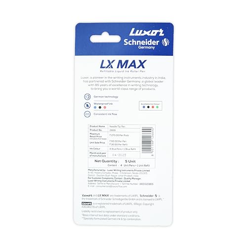 Image of Luxor Schneider LX-Max Needle tip Pack of 4 Pens | 4 Blue Pens + 1 Refill | Best Pen for Students