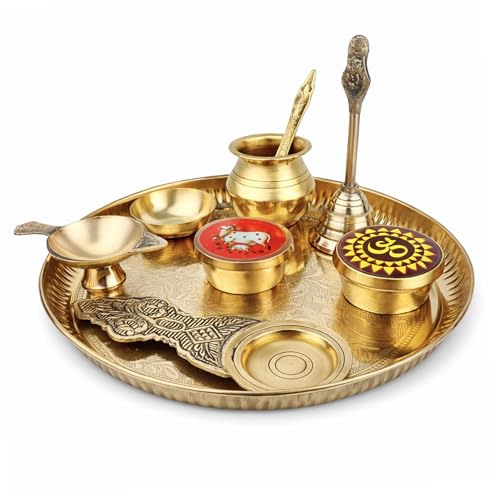 Image of Traditional Brass Puja Thali Set for Mandir & Festivals | Brass Aarti Thali Plate for Bhog, Diya & Pooja Rituals | Ideal for Diwali Navratri Karwa Chauth Home Temple Decor (Set of 9)