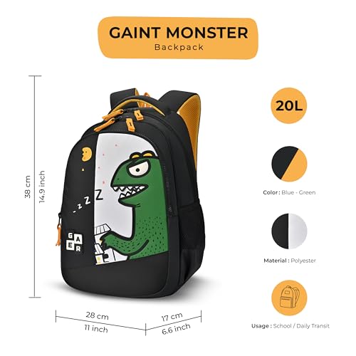 Image of Gear Giant Monster Backpack 15 inch /20L Small Water Resistant School Bag /Casual Backpack /Daypack /Kids Bag for Boys /Girls (Black-Yellow)