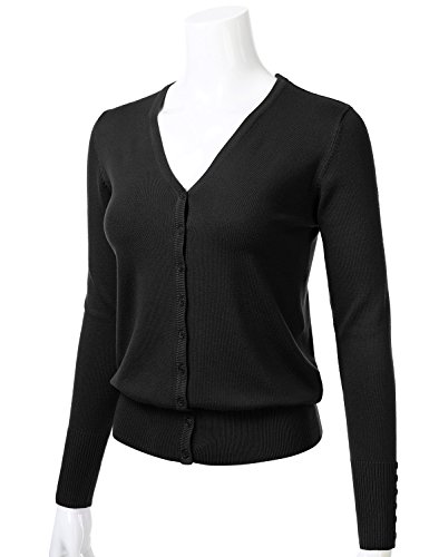 Women's Button Down V-Neck Long Sleeve Knit Cardigan With Sleeve Button Detail Black M #TOP1