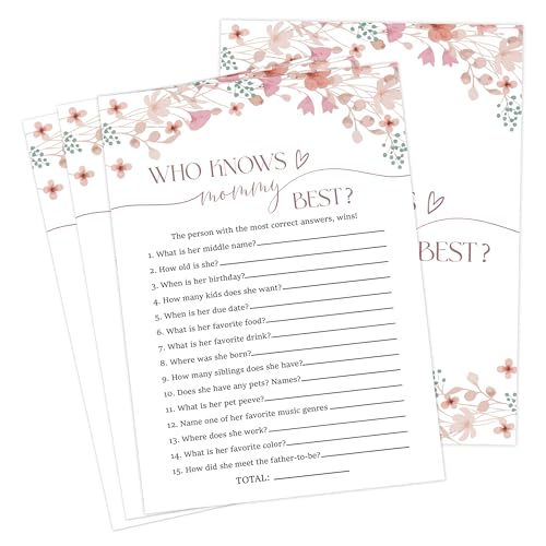 Wildflower Baby Shower Games, Floral Who Knows Mommy Best Game for 30 Guests with Game Cards, Gender Reveal, Baby Shower Supplies & Decorations (DV30)