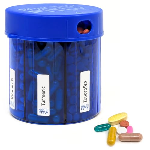 Image of XL Supplement Pill Dispenser Bottle, 7 Compartment, Labels, Easy Open, Anti-Mixing, UV Protected Organizer, Extra Large Monthly Vitamin, Monster Fit Medication Holder (Cobalt Blue, Large) (Pack of 3)