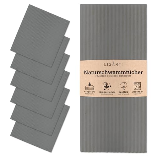 Ligarti® Schwammtücher aus Holz (100% öko & waschbar) 6er Set Spültücher nachhaltig kompostierbar I Allzwecktücher für den Haushalt Made in Germany I Spüllappen, Spülschwamm (Anthrazit)