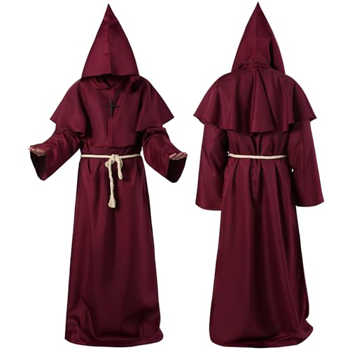 NXPZ Disfraz de Monje, Traje Medieval para Hombre, Túnica para Disfraz de Halloween con Capucha, Cinturón de Cuerda y Collar con Cruz, para Fiestas de Halloween, Eventos Medievales y Renacentistas