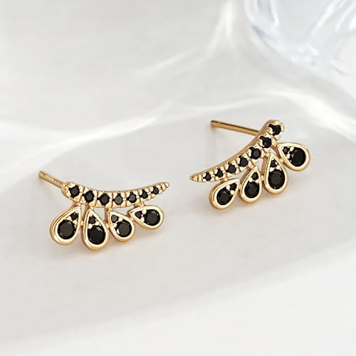 FETTERO Stud Earrings for Women - 14K Gold Plated CZ Hypoallergenic Earrings Studs Dainty Black CZ Leaf Gold Earrings for Women Trendy Statement Jewelry