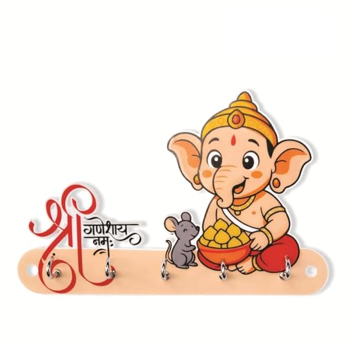 Image of KNP Kids Wall Organiser, Acrylic, Cartoon Theme, 5 Stainless Steel Hook, Weather Proof and Anti-Rust, Wall Mounted Key Holder (Ganesha 2)
