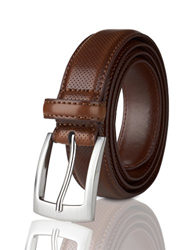 Sportoli Belts for Men Mens Belt Buckle Genuine Leather Stitched Uniform Dress Belt - Amber Perforated - Size 48 (Waist 46)
