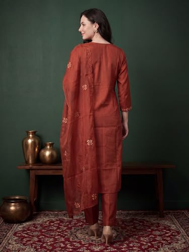Image of INDO ERA Women's Silk Blend Floral Embroidered Thread Work Straight Kurta & Pant with Dupatta Set | Kurti Set