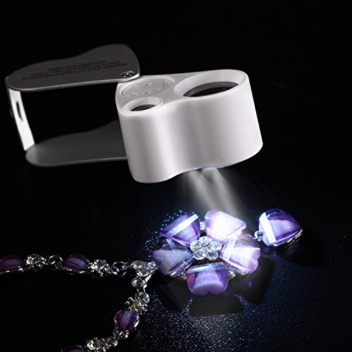 Image of Jiusion 2 Pack Silver Portable Lighted LED Illuminated Jewelry Magnifier 30X 60X Wearable Handheld Dual Lens Eye Loupe Magnifying Glasses Micro Microscope with Keychain and Lanyard