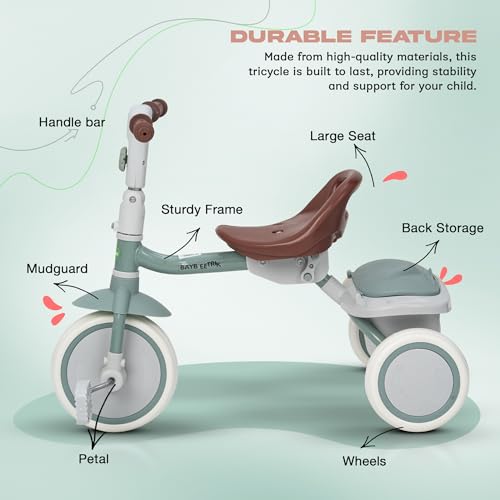 Baybee Trikidz 2 in 1 Baby Tricycle for Kids, Foldable Kids Cycle with Adjustable Seat, Back Rest & Storage Basket for Toys | Portable Baby Cycle Trikes | Tricycles for Kid 2 to 5 Years (Green) - Image 3