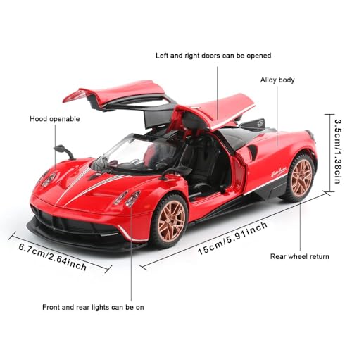Image of 1 /32 Pagani Huarya Roadster Exclusive Alloy Metal Pull Back Die-Cast Toy Car with Openable Doors & Light Music Collectible Sound Light Toy for Kids Best Birthday Gift (Red)