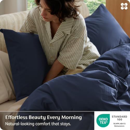 Image of Bedsure 100% Washed Cotton Duvet Cover Oversized King Size - Navy Minimalist Bedding Set Linen Like - PureWoven Plain Simple & Soft Comforter Cover for All Seasons (Navy, Oversized King, 120 inchx98 inch)