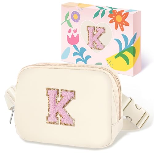 Image of COSHAYSOO Valentines Birthday Initial Gifts for Women Teen Girls 5 6 7 8 9 10 11 12 13 14 Year Old Ivory Fanny Pack for Girls Belt Bag Crossbody Travel Purse Unique Trendy Cute Stuff Chenille Letter K