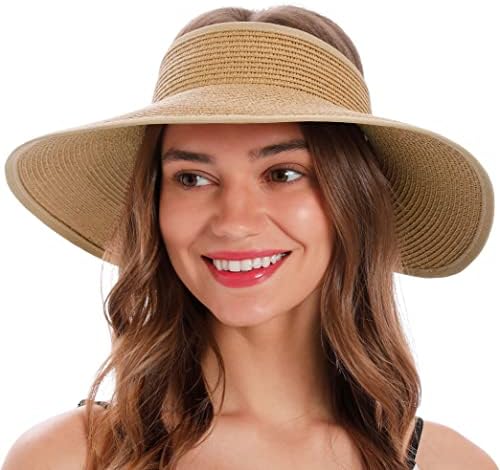 Beach Hats for Women Foldable Womens Visor Sun Hat Womens Wide Brim Hats for Women Fashionable Hats with Ponytail Hole On Top UV Protection Fishing Hat, Natural