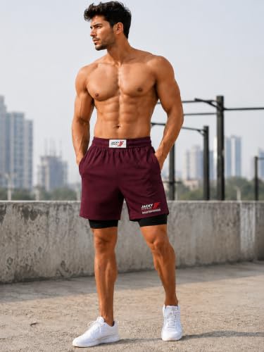 Image of Men's 2-in-1 Dual Layer Workout Shorts with Compression Liner, Phone Pocket, Quick-Dry Athletic Running Shorts for Gym, Training, Sports & Fitness