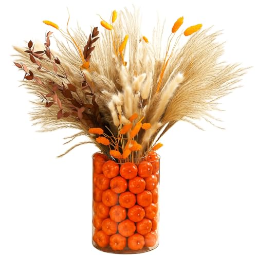 Widecook Fall Decor for Home Fall Vase with Boho Flowers Mini Pumpkin Vase Filler Set Rustic Thanksgiving Farmhouse Autumn Decorations Pampas Grass Dried Flower Pumpkin Centerpieces for Tables