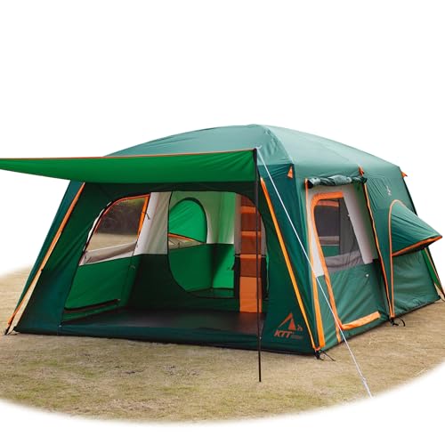 KTT Extra Large Tent 12 Person,Full Rainly,2 Bay-Windows,Family Cabin Tents,14'Lx10'Wx6.58'H,2 Rooms and 3 Doors 3 Windows with Mesh,Waterproof,Straight Wall,Big Tent for Outdoor,Picnic,Camping(Green)