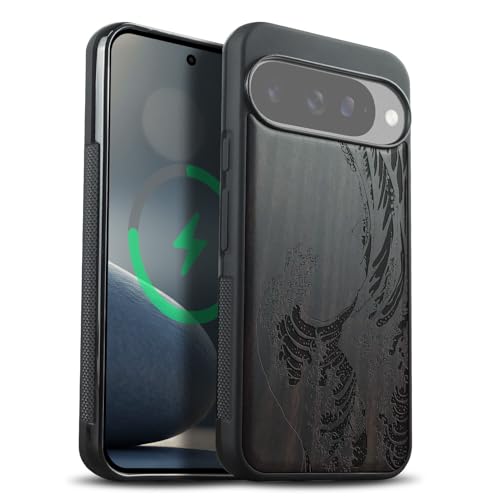 Coque magnétique Pixel 10 en bois sombre combinant l'art de Kanagawa et luxe durable