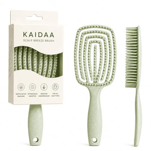 Image of KAIDAA Scalp Breeze Brush | Flexible Vented Detangling Hair Brush for Wet and Dry Hair | Gentle Scalp Massage | Plastic-Reduced Design with 10% Wheat Straw (Olive Green)
