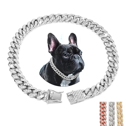 Sliver Chain for Dogs, Glitter Rhinestone Sparkly Diamond Metal Necklace Cuban Link Dog Collars for Small Medium Large Pet Dogs, 14 inch
