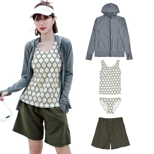 [Teddy] 水着 レディース 体型カバー タンキニ 長袖ラッシュガード ブラトップ ショーツ ショートパンツ 4点セット hys2327 L(11号) K:クリーム×モロッカン - Teddy - 商品画像