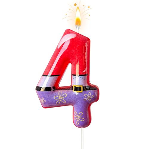 NHJINX Red and Purple Number 4 Candle, Vibrant Multicolor Patterns for Themed Birthday Decorations and Cake Display