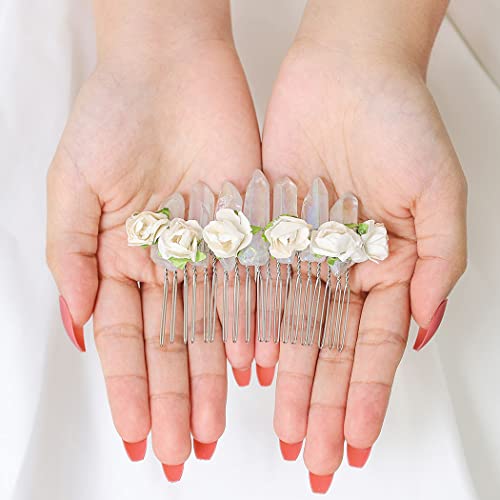 Campsis Natural White Quartz Hair Comb Flower Quartz Stone Crystal Hair Accessories For Women Handmade Decorative Mermaid Birdal Bide Hair Side Combs Wedding Cosplay Festival Parties Photography For Women And Girls #TOP6