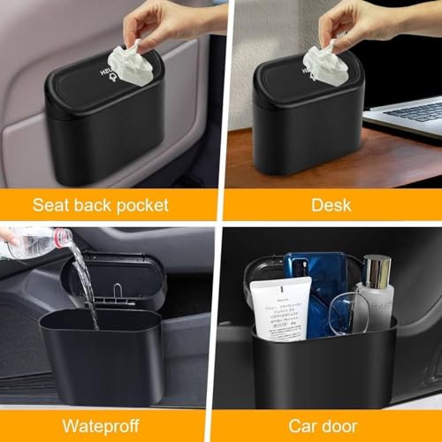 Image of Car Trash Bin with Push Lid and Hanging Hook - Compact Plastic Garbage Can for Car Door, Seat Back Pocket and Desk Use - Black