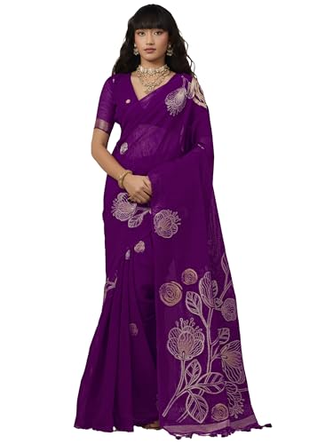 Image of AKHILAM Women's Kanjivaram Pure Silk Floral Printed Saree With Unstitched Blouse Piece