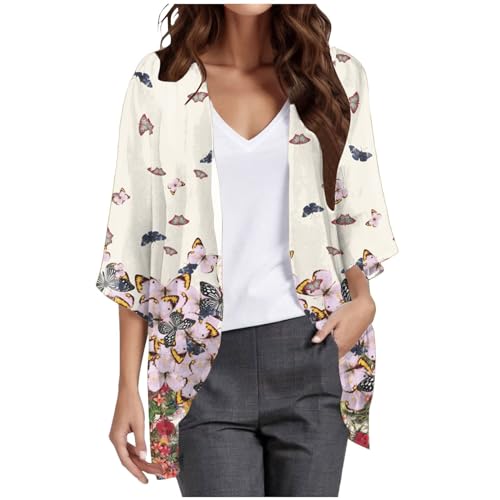 2026 novedades en ropa de mujer vestido de verano mujer cárdigan kimono con estampado floral manga abullonada cubierta suelta blusas tops casuales, beige, L