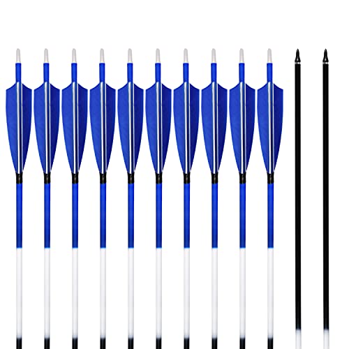 ARCHERY SHARLY Feather Arrows 31 inch Feather Fletched Arrows Carbon Fiber Archery Hunting Arrows for Recurve & Compound Bow,Traditional Bows (Blue White 12-Pack)