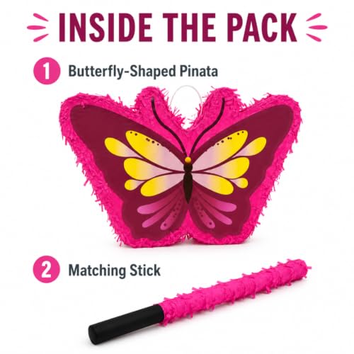Image of Wanna Party Mini Butterfly Shaped Pinata Khoi Bag with Stick for Kids Birthday Party, Fillable for Butterfly Theme Birthday Party Decoration, Pinata for Fairy & Princess Theme Party Decoration