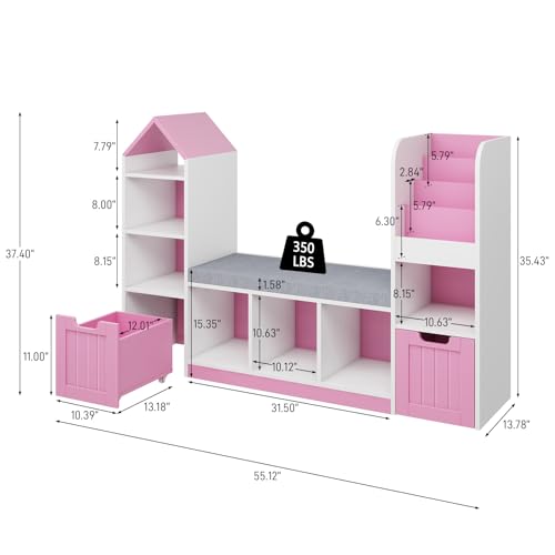 Toy Storage Organizer for Kids Bookshelf with Reading Nook, Multifunctional Kids Bookcase with 7 Storage Cubbies, 2 Movable Drawers and Seat Cushion for Keeping Kids' Toys Books Organized, Pink
