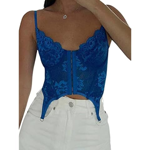 Women Sexy Bustier Corset Top Waist Cincher Body Shaper Lace Up Cami Tank Tops Party Clubwear Streetwear (A-Blue , M ) Cover