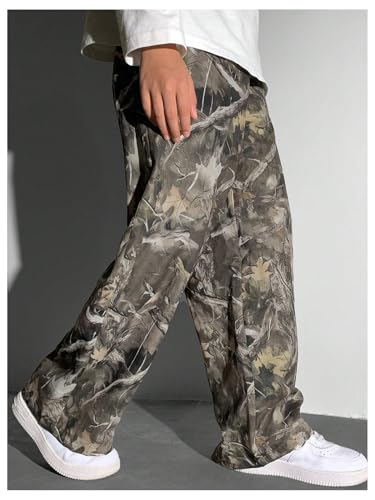 SHENHE Boy's Baggy Camo Pants Wide Leg Elastic Waist Hiking Outdoor Maple Leaf Print Trousers2