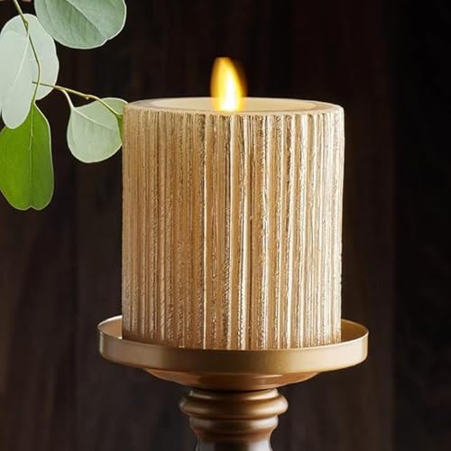 Image of Luminara Metallic Embossed Pillar, Champagne Flameless LED Candle 3.25 inch x 4.5 inch, Battery Operated Real Flame Technology w /Timer Function, Paraffin Wax