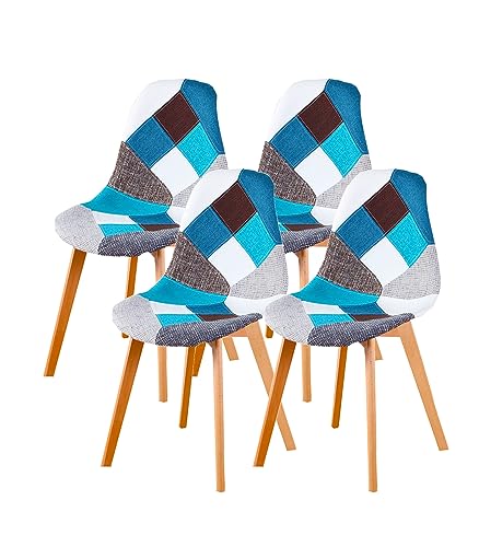 I LOVE FACE Sillas de Comedor Pack 4, Sillas Cocina Scandinave, Silla de Comedor Patchwork Multicolor, Las Piernas de Madera de Haya Maciza, para Comedor, Salón, Comedor (Azul)