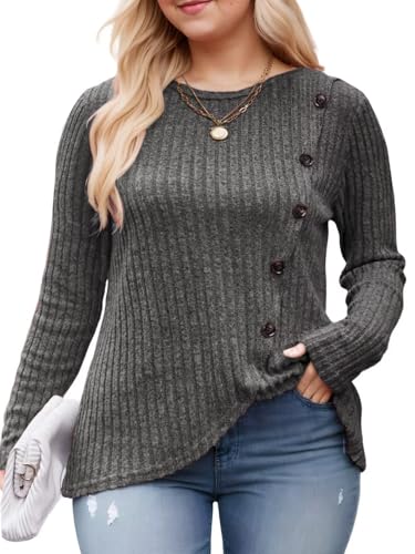 Image of DOLNINE Womens-Plus-Size-Tops Casual Long Sleeve Shirts Trendy Button Side Split Fall Cute Tunic Sweatshirts XL-5XL
