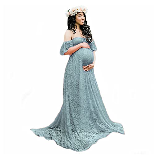 Women's Lace Off-Shoulder Long Maternity Dress Solid Color Lace One Piece Trailing Pregnant Dresses Plus Size Ruffle Sleeve Pregnancy Gown Photo Shoot (Baby Blue,Small) at Amazon Women's Clothing store
