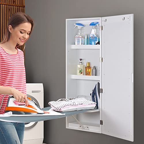 LOYALHEARTDY Wall-Mounted Ironing Board Cabinet with Miror Door & Storage Shelf, Foldable Ironing Storage Station Space Saving Wall Ironing Board Built-in Ironing Center Cabinet for Home - Thumbnail 2