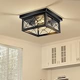 Umtozz 2-Light Farmhouse Ceiling Light Fixtures for Outdoor Porch, Black Hallway Light Fixtures with Clear Glas Shade, Industrial Square Flush Mount Ceiling Light for Dining Room Living Room Entrance
