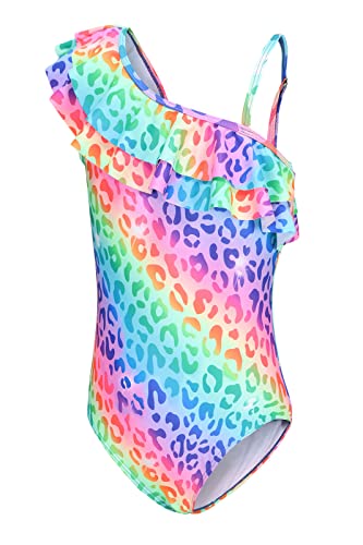 Aisyee Traje de baño de una pieza para niñas con un hombro y volantes, traje de baño floral hawaiano para niñas de 3 a 16 años, Leopardo multicolor, 15-16 años