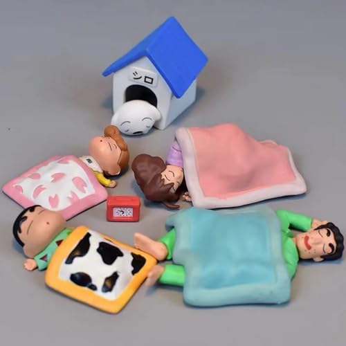 Image of Shinchan Sleeping Family Mini Figure Set | Cute Shin Chan Cartoon Sleeping Pose PVC Figurines with Shiro Dog House for Car Dash, Table & Shelf Decor | Anime Gift Set for Kids & Fans