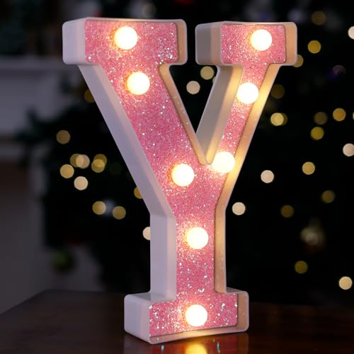 Image of LED Letter Lights Pink Glitter Marquee Letters Light Up Alphabet Letters Sign Battery Powered for Home Party Decoration Night Bar Wedding Birthday Christmas Lamp Girls Gift - Letter Y