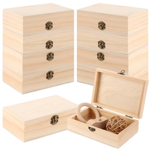 Oungy Lot de 10 Boite en Bois avec Couvercle, 15x10x5 cm, Naturel, Coffre en Bois, Petite Boite en Bois, Boite Bois avec Couvercle à Charnière, Boite...