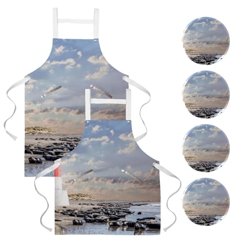 Tablier de cuisine pour pâtisserie et nettoyage de la maison paysage marin 2 pièces