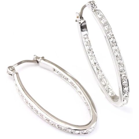 FC JORY White Gold Plated Clear Crystal Paved Oval Hoop Pierced Dangle Earrings Cover