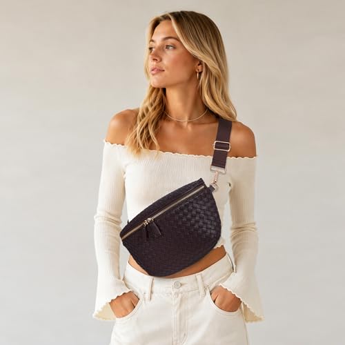 Image of KALIDI Woven Crossbody Bag for Women Travel Vegan Leather Belt Bum Bag | Fanny Packs for Woman Trendy Cross Body Sling Purse for Casual Everyday Daily Errands Shopping Trip Festival, Coffee