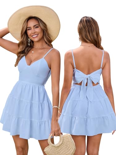 Image of HTZMO Women Summer Floral Mini Sundress Bow Tie Short Dress | V Neck Backless Ruffle A Line Flowy Cute Dresses, Boho Beach Casual Vacation Homecoming Graduation 2026